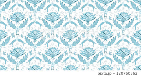 Chinoiserie floral seamless pattern. Flowers monochrome repeat background cover. Surface pattern design modern blue wildflowers garden motif. Vector hand drawn illustration. 120760562