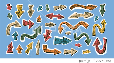 Arrow collage set crayon drawing Pointers isolated. Navigation path colorful marks. Scribble doodle paper signs. Vector hand drawn illustration 120760568