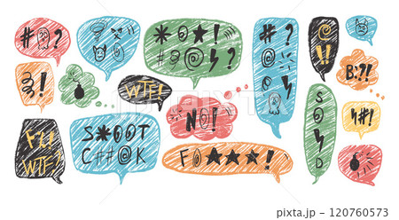 Negative emotion. Colorful speech bubbles with swear words. Curse crayon doodle text. Bad expression on chat dialog boxes. Aggressive swearwords isolated on white background. Vector illustration Negative emotion. Colorful speech bubbles with swear words. Curse crayon doodle text. Bad expression on chat dialog boxes. Aggressive swearwords isolated on white background. Vector illustration 120760573