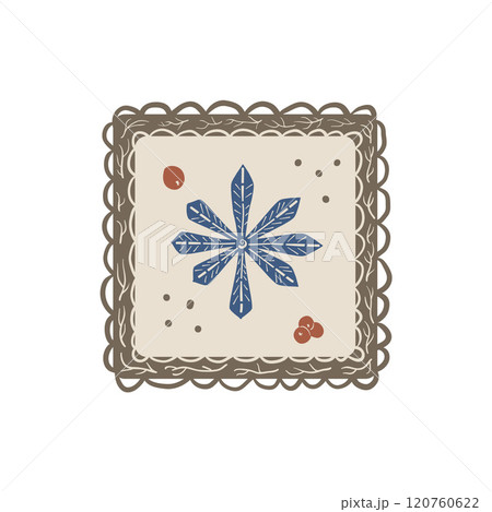 Winter holidays vintage emblem with snowflake in frame. Sticker with retro Christmas decoration. Vector hand drawn flat illustration. 120760622