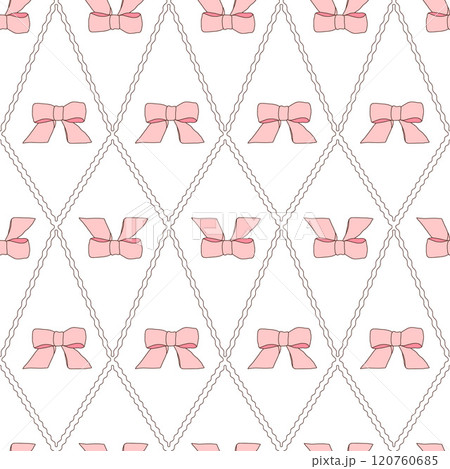 Pink bows geometric seamless pattern. Decorative band rhombus endless background. Vector hand drawn doodle illustration. 120760685