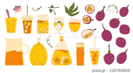 Passion fruits drinks and dessert set. Vector exotic sweet food and juice collection. Hand drawn flat collection illustration isolated on white background. 120760689