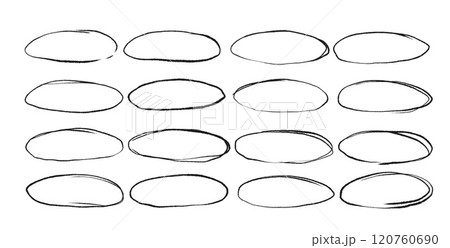 Freehand ellipse brush. Crayon frames set. Hand drawn highlight oval border shapes collection. Underline line circular mark. Grunge scribble pack. Vector illustration isolated on white background. 120760690