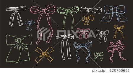 Colorful crayon bow set. Chalk drawing bowknots on dark background. Coquette ribbons collection for holiday decoration. Doodle style beauty accessories. Vector minimal illustration. Colorful crayon bow set. Chalk drawing bowknots on dark background. Coquette ribbons collection for holiday decoration. Doodle style beauty accessories. Vector minimal illustration. 120760695