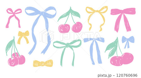 Crayon bow. Coquette ribbons in colorful pastel style. Pencils drawing cherry and bowknots collection for gift decoration. Vector illustration. Crayon bow. Coquette ribbons in colorful pastel style. Pencils drawing cherry and bowknots collection for gift decoration. Vector illustration. 120760696
