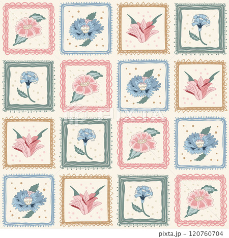Indian chintz patchwork seamless pattern. Modern various flower in square vintage frames endless background. Floral repeat cover. Farmhouse ornament with wildflower motif. Vector hand drawn Indian chintz patchwork seamless pattern. Modern various flower in square vintage frames endless background. Floral repeat cover. Farmhouse ornament with wildflower motif. Vector hand drawn 120760704
