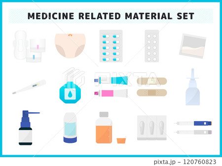 生理用品や薬・市販薬のイラスト素材セット 生理用品や薬・市販薬のイラスト素材セット 120760823