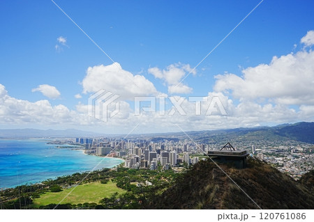 アメリカ ダイヤモンドヘッド頂上からのホノルル ビーチの風景 120761086