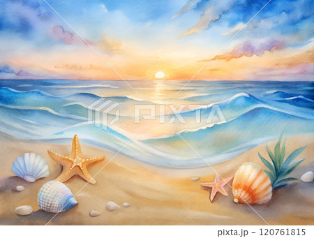 Vibrant Seaside Scene with Rolling Waves, Starfish, and Shells on Soft Sand 120761815