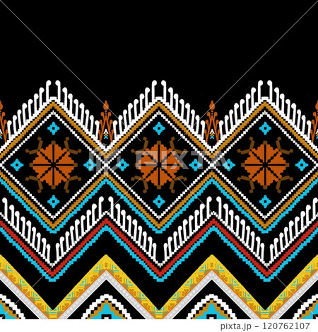 Arabian ethnic tribal fabric pattern features a stunning geometric style in vibrant orange and blue tones. The design incorporates ethnic floral elements, adding a touch of softness ethnic crafted Arabian ethnic tribal fabric pattern features a stunning geometric style in vibrant orange and blue tones. The design incorporates ethnic floral elements, adding a touch of softness ethnic crafted 120762107