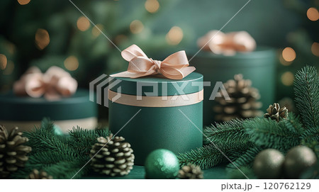 Merry Christmas, New Year. Luxury green round gift boxes, Christmas tree branches, banner, pine cone Merry Christmas, New Year. Luxury green round gift boxes, Christmas tree branches, banner, pine cone 120762129