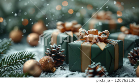 Merry Christmas, New Year. Luxury green gift boxes, Christmas tree branches, sale, banner, pine cone 120762130