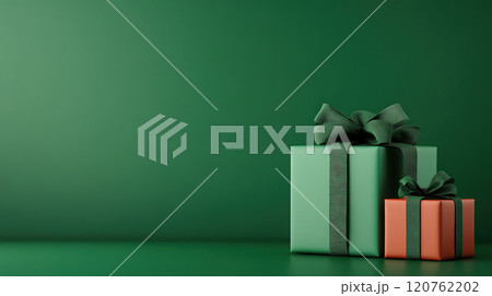 Luxury red gift box green ribbon green background, birthday, Christmas, Valentines Day, Mothers Day 120762202