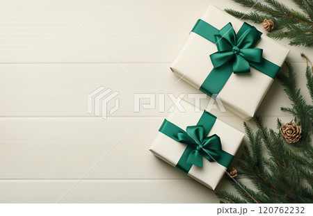 Luxury white gifts box natural ribbon green background, birthday, Christmas, copy space, advertisement 120762232