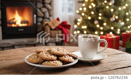 illustration of a Christmas themed greeting card of a living room with a tree and Christmas decorations and a cup with a hot drink and cookies 120762256