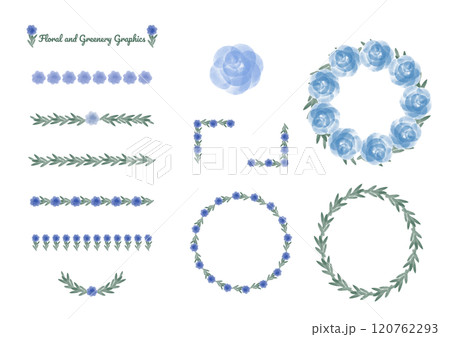 青い花のフレームセット 水彩風 植物 バラ 120762293