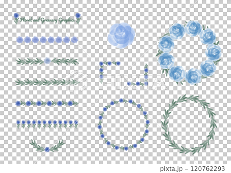 青い花のフレームセット 水彩風 植物 バラ 120762293