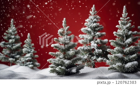 A beautiful snowy Christmas scene featuring charming festive trees adorned with ornaments 120762383