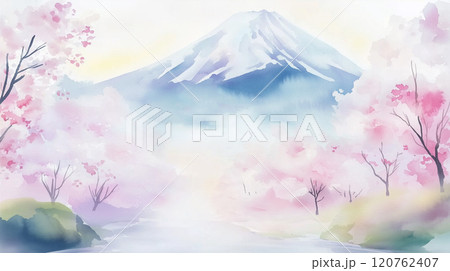 富士山_桜_春_日本_水彩 120762407