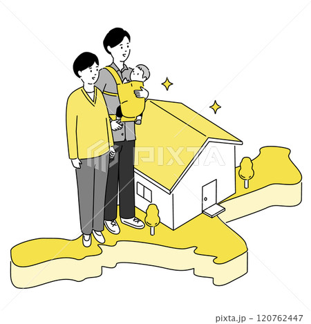 三重県の地図と若い家族・家のイラスト、ベクター 120762447
