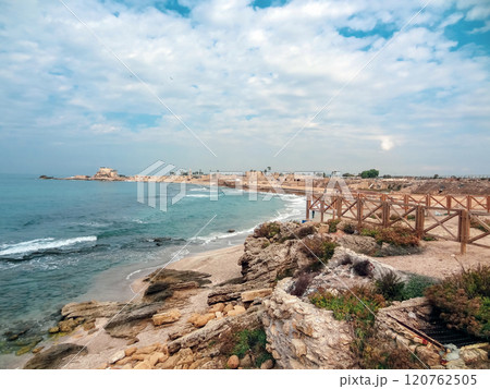 Rocky coast near the ancient Caesarea national park on the Mediterranean coastline, Israel. 120762505