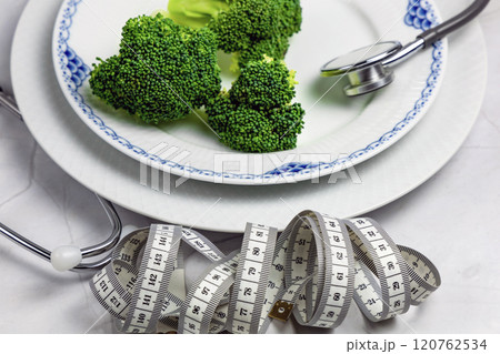 Concept of healthy eating and weight loss. Plate of broccoli. 120762534