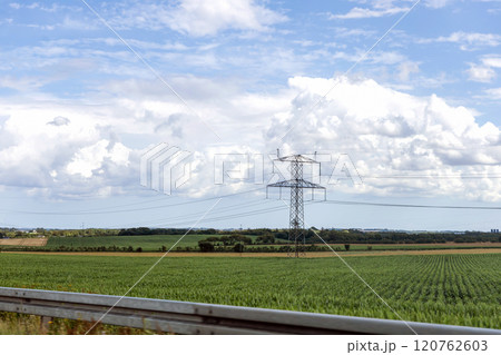 Electricity concept. High voltage power line pylons, electrical tower on a green field with blue sky. 120762603