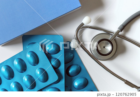 Medical concept. Blue drugs blister packaging. 120762905