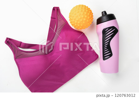 Concept of sports lifestyle. Flat lay of sports top bra and drinking bottle for water. 120763012