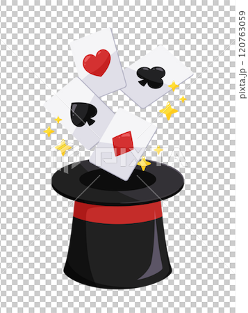 手品でシルクハットから飛び出すトランプのイラスト 手品でシルクハットから飛び出すトランプのイラスト 120763059