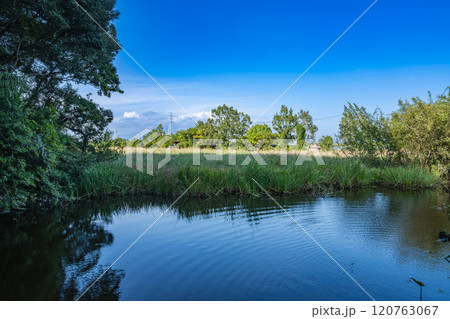 磐田市にある青空が映る鶴ヶ池のある風景(静岡県) 120763067