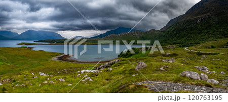 Picturesque Landscape With Mountains Beinn Alligin And Beinn Eighe near Village Shieldaig At The Atlantic Coast Of Loch Shieldaig In Scotland, UK 120763195