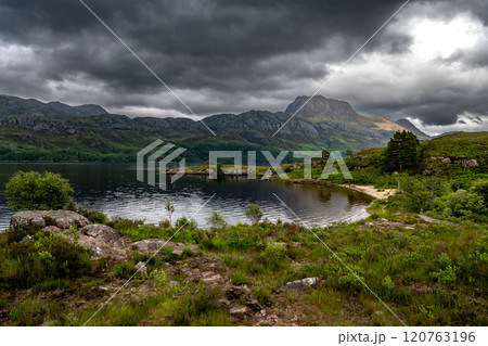 View Over Lake Loch Maree Near Talladale To Mountain Slioch In The Highlands Of Scotland, UK 120763196
