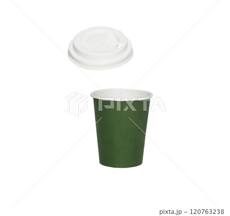 Aromatic coffee in takeaway green paper cup in air on white background Aromatic coffee in takeaway green paper cup in air on white background 120763238