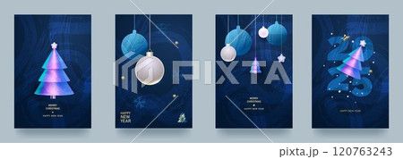 Set of Christmas and New Year cards. Vector illustration concepts for background, greeting card, party invitation card, banner, social media. Strokes, 3D shapes, gradients Set of Christmas and New Year cards. Vector illustration concepts for background, greeting card, party invitation card, banner, social media. Strokes, 3D shapes, gradients 120763243