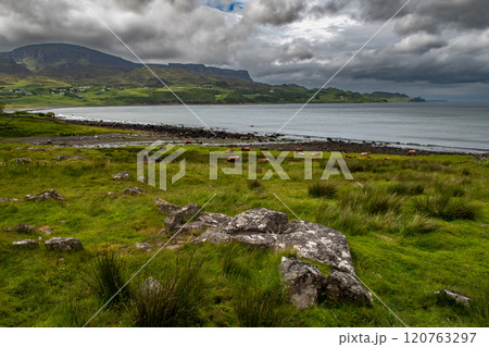 Rural Landscape With Cows, Village And Sandy Beach At The Atlantic Coast Of The Isle Of Skye In Scotland, UK 120763297
