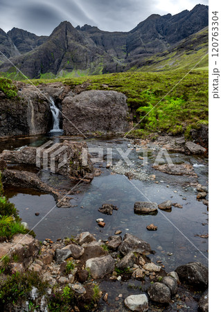 Valley Glen Brittle With River Brittle And Waterfalls With Fairy Pools On The Isle Of Skye In Scotland, UK Valley Glen Brittle With River Brittle And Waterfalls With Fairy Pools On The Isle Of Skye In Scotland, UK 120763304