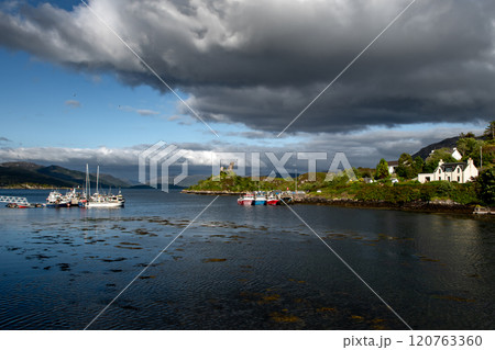 Ruin Of Castle Moil In The Harbor Of Village Kyleakin At The Atlantic Coast Of The Isle Of Skye In Scotland, UK Ruin Of Castle Moil In The Harbor Of Village Kyleakin At The Atlantic Coast Of The Isle Of Skye In Scotland, UK 120763360