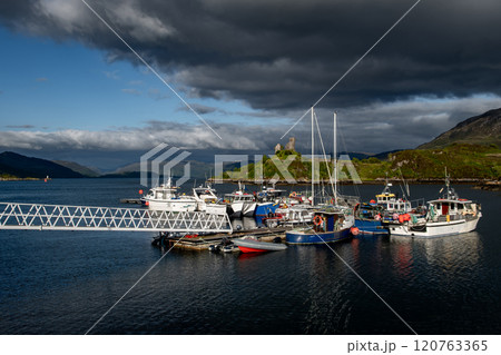 Ruin Of Castle Moil In The Harbor Of Village Kyleakin At The Atlantic Coast Of The Isle Of Skye In Scotland, UK Ruin Of Castle Moil In The Harbor Of Village Kyleakin At The Atlantic Coast Of The Isle Of Skye In Scotland, UK 120763365