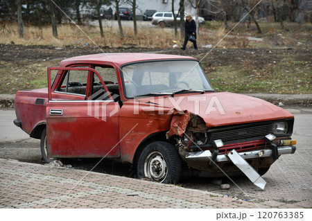Front of black car get damaged by accident on road Front of black car get damaged by accident on road 120763385
