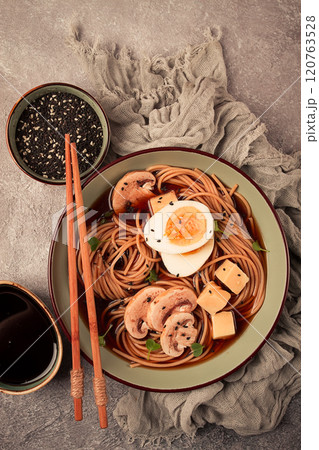 Asian soba soup, with mushrooms and egg, cheese, sesame seeds, homemade, no people, Asian soba soup, with mushrooms and egg, cheese, sesame seeds, homemade, no people, 120763528