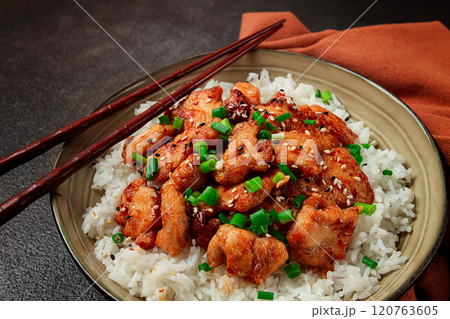 fried chicken teriyaki with rice, green onion and sesame, homemade, no people, fried chicken teriyaki with rice, green onion and sesame, homemade, no people, 120763605