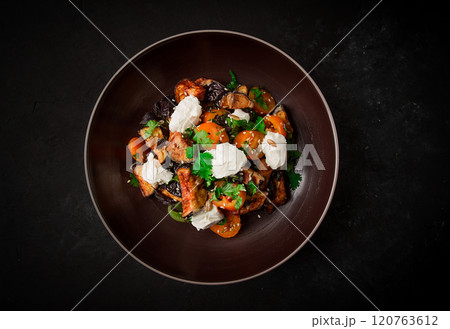 Warm Salad with crispy eggplant and tomatoes, cottage cheese, spices, herbs, sesame seeds, sunflower seeds, Georgian cuisine, no people, Warm Salad with crispy eggplant and tomatoes, cottage cheese, spices, herbs, sesame seeds, sunflower seeds, Georgian cuisine, no people, 120763612