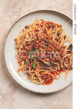 Spaghetti Bolognese, top view, close-up, without people, homemade, Spaghetti Bolognese, top view, close-up, without people, homemade, 120763627