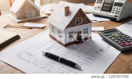 real estate concept a model of a paper modern house near the keys on the table 120763709