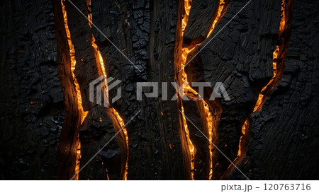 Close-up of charred wood, glowing embers, intricate cracks and textures 120763716
