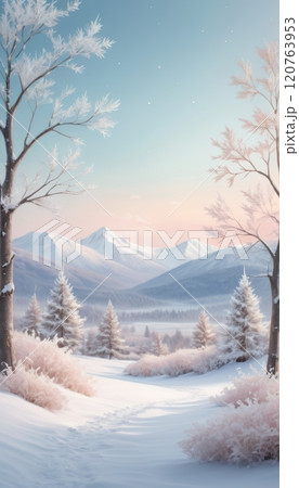 illustration of a snowy landscape illuminated in the morning with an almost magical light illustration of a snowy landscape illuminated in the morning with an almost magical light 120763953