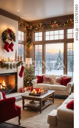 illustration of a living room decorated with a Christmas theme with a large space, tables and sofas illustration of a living room decorated with a Christmas theme with a large space, tables and sofas 120763960