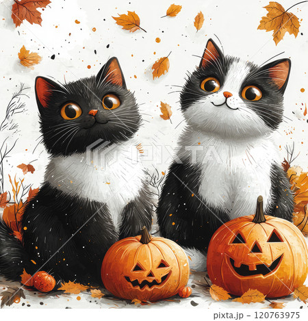 Sweet pattern featuring adorable cats showing different emotions, carved halloween pumpkin and candles. 120763975
