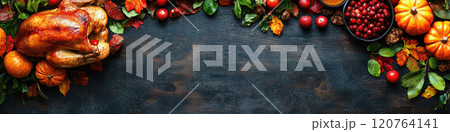 Banner - Christmas or Thanksgiving dinner with turkey roasted and all sides dishes and seasonal autumnal decor on rustic wooden background, creating a festive. 120764141